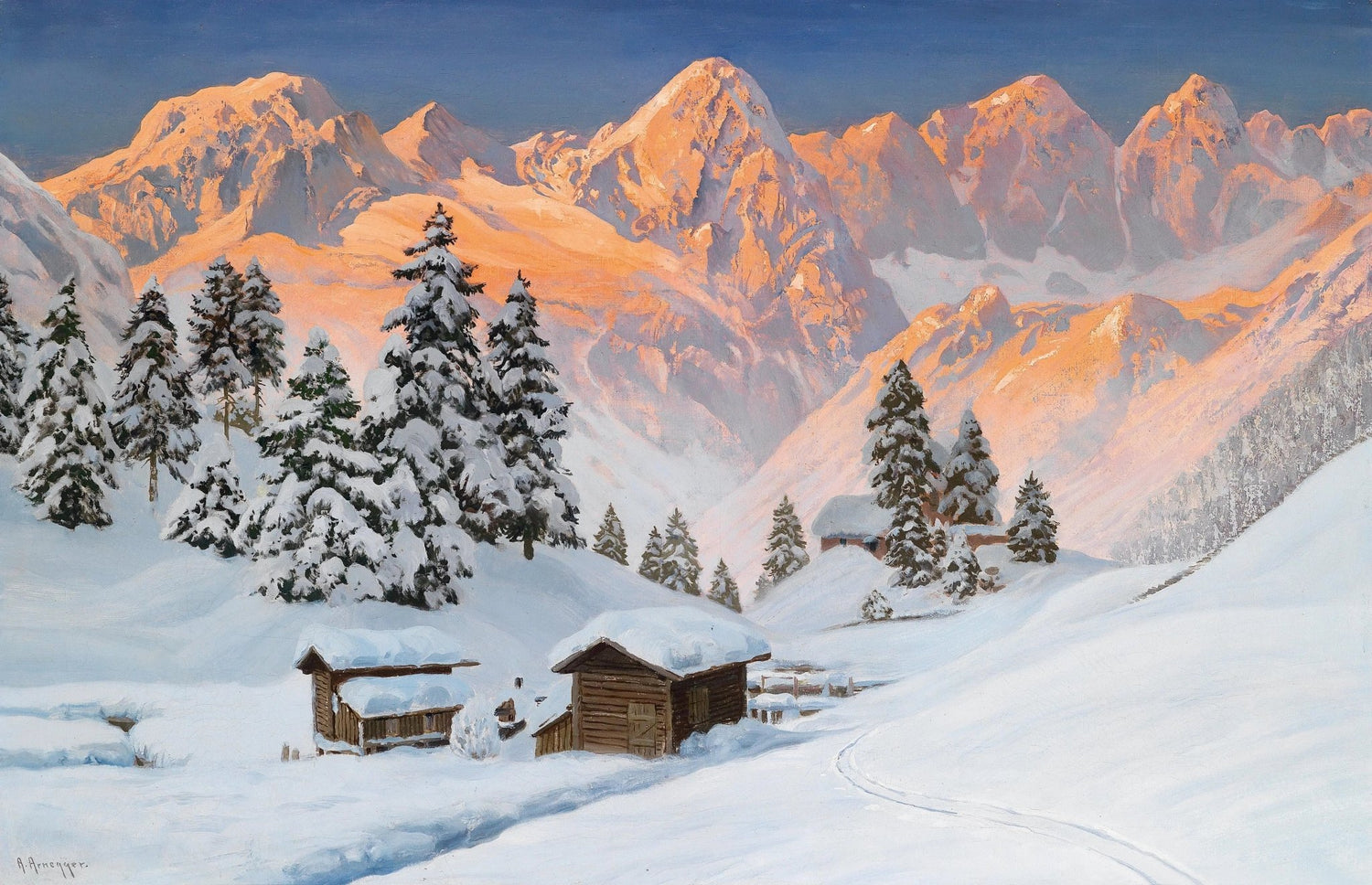 Hand painted landscape oil painting on canvas showing snowy mountain huts nestled among pine trees at sunset, textured. - Add Frame, Canvas, Forest, Hand Painted, Landscape, Made To Order, Mountain, Oil Painting, Sunset, Winter