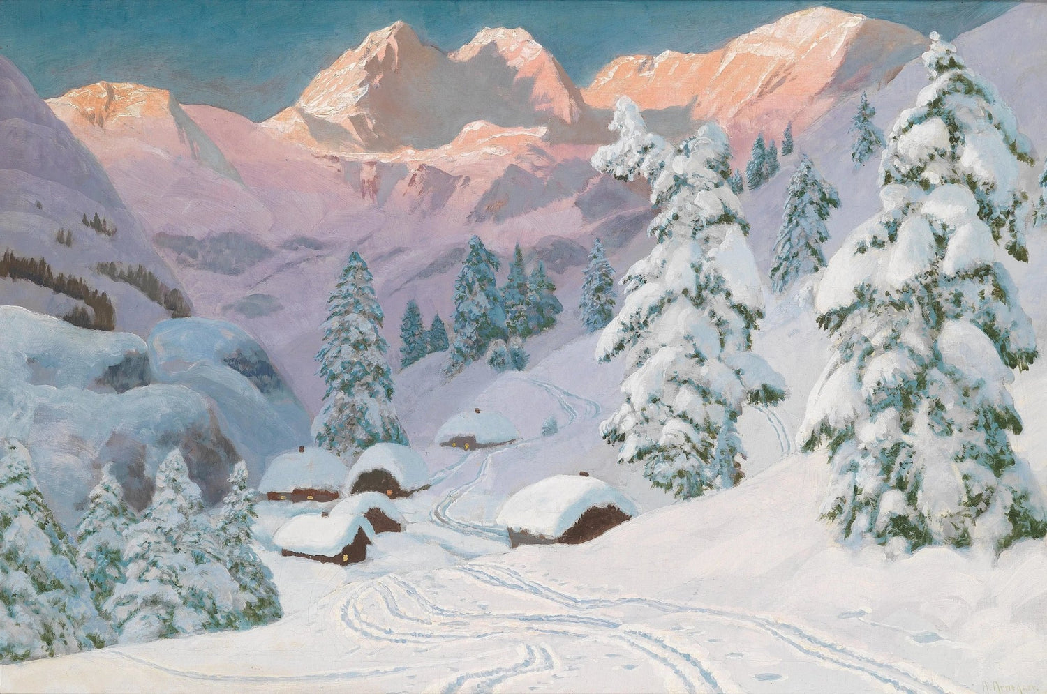 Landscape oil painting of snowy mountain huts with tracks, hand painted oil on canvas, textured brushwork, winter forest. - Add Frame, Canvas, Forest, Hand Painted, Landscape, Made To Order, Mountain, Oil Painting, Winter