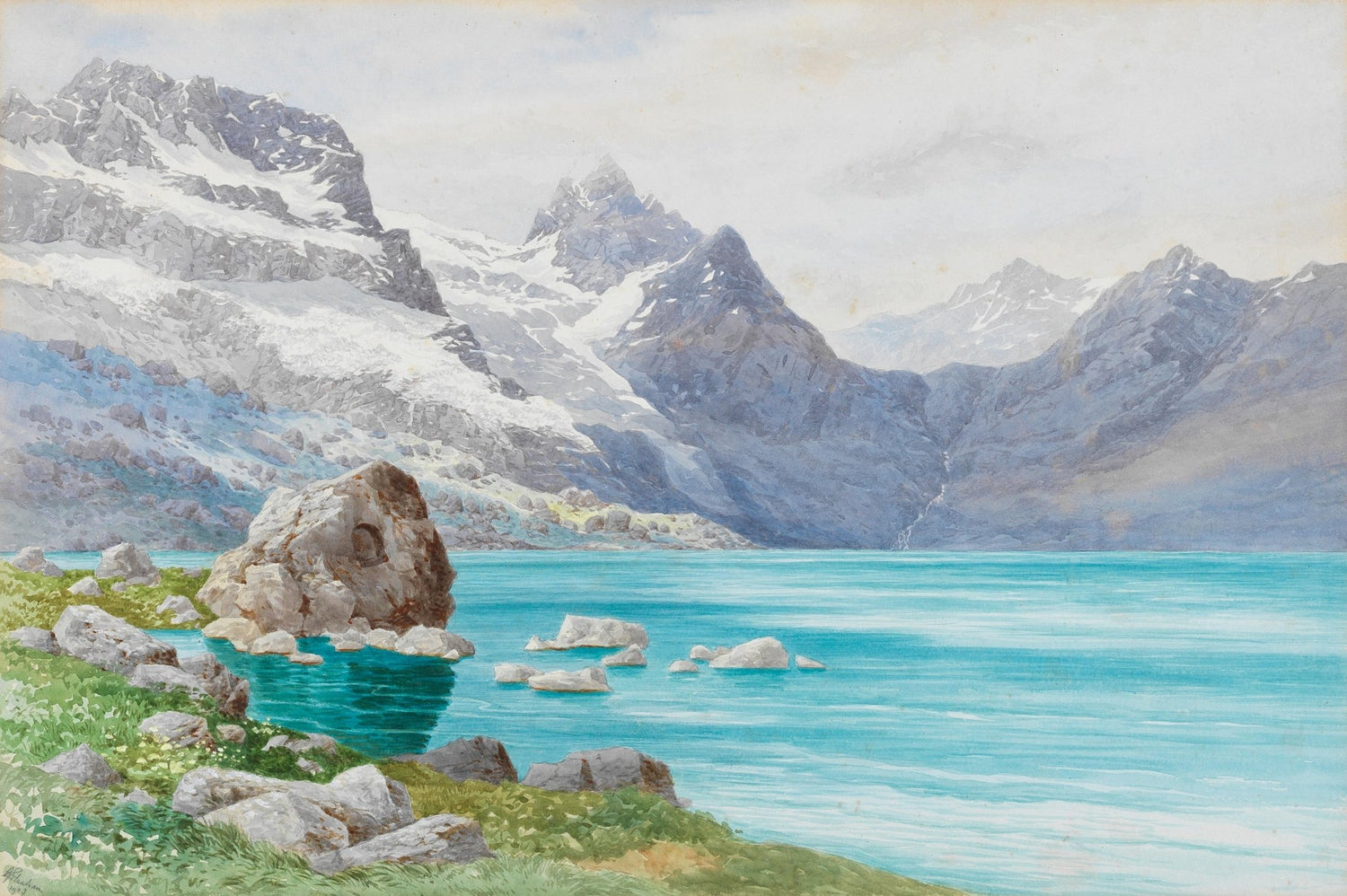 Hand-painted snowy mountain lake in alpine view landscape oil painting on canvas