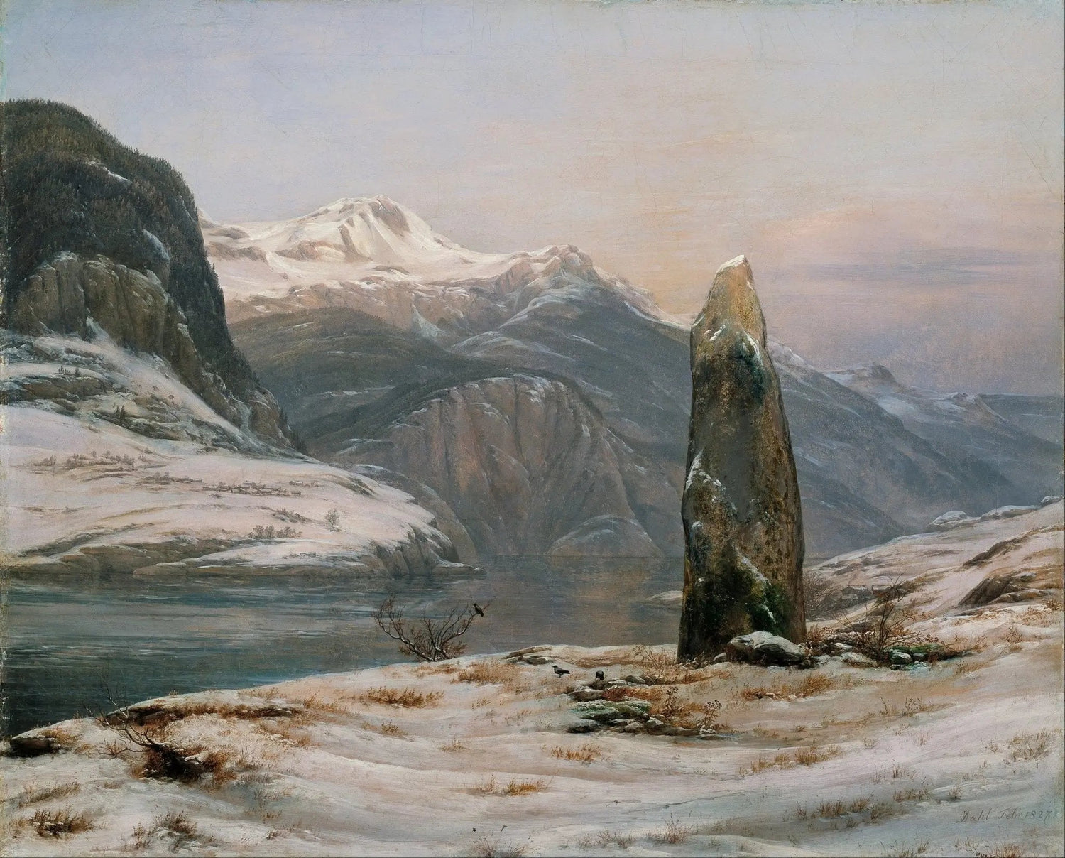 Landscape oil painting of a snowy mountain lake with a prominent standing stone in foreground, textured brushwork on oil on. - Add Frame, Alpine, Canvas, Hand Painted, Lake, Landscape, Made To Order, Mountain, Oil Painting