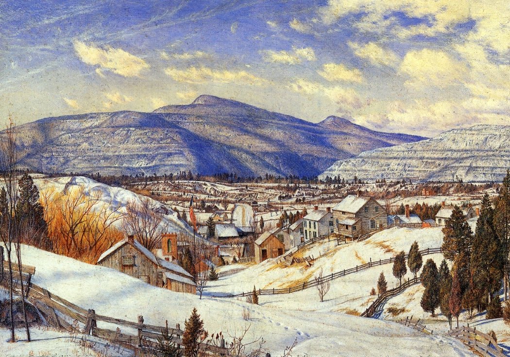 Hand-painted snowy mountain village in winter light landscape oil painting on canvas
