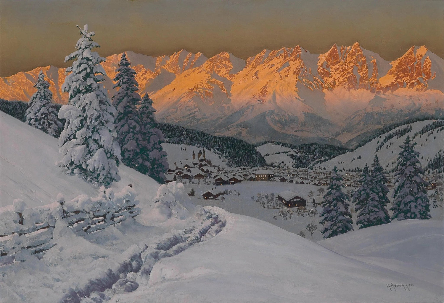 Hand painted landscape oil painting of snowy mountain village at sunset with textured brushwork on canvas. - Add Frame, Canvas, Forest, Hand Painted, Landscape, Made To Order, Mountain, Oil Painting, Sunset, Village, Winter