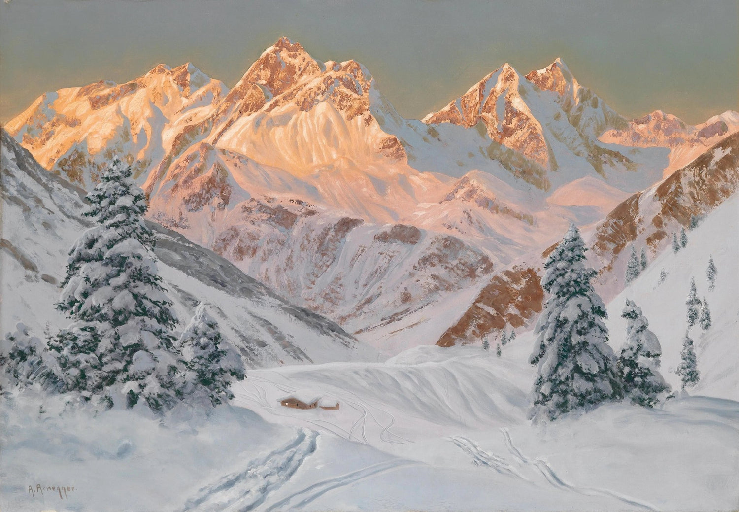 Landscape oil painting of snow-covered mountains at sunset with warm light on peaks, a rustic hut nestled in a snowy valley, . - Add Frame, Canvas, Forest, Hand Painted, Landscape, Made To Order, Mountain, Oil Painting, Winter