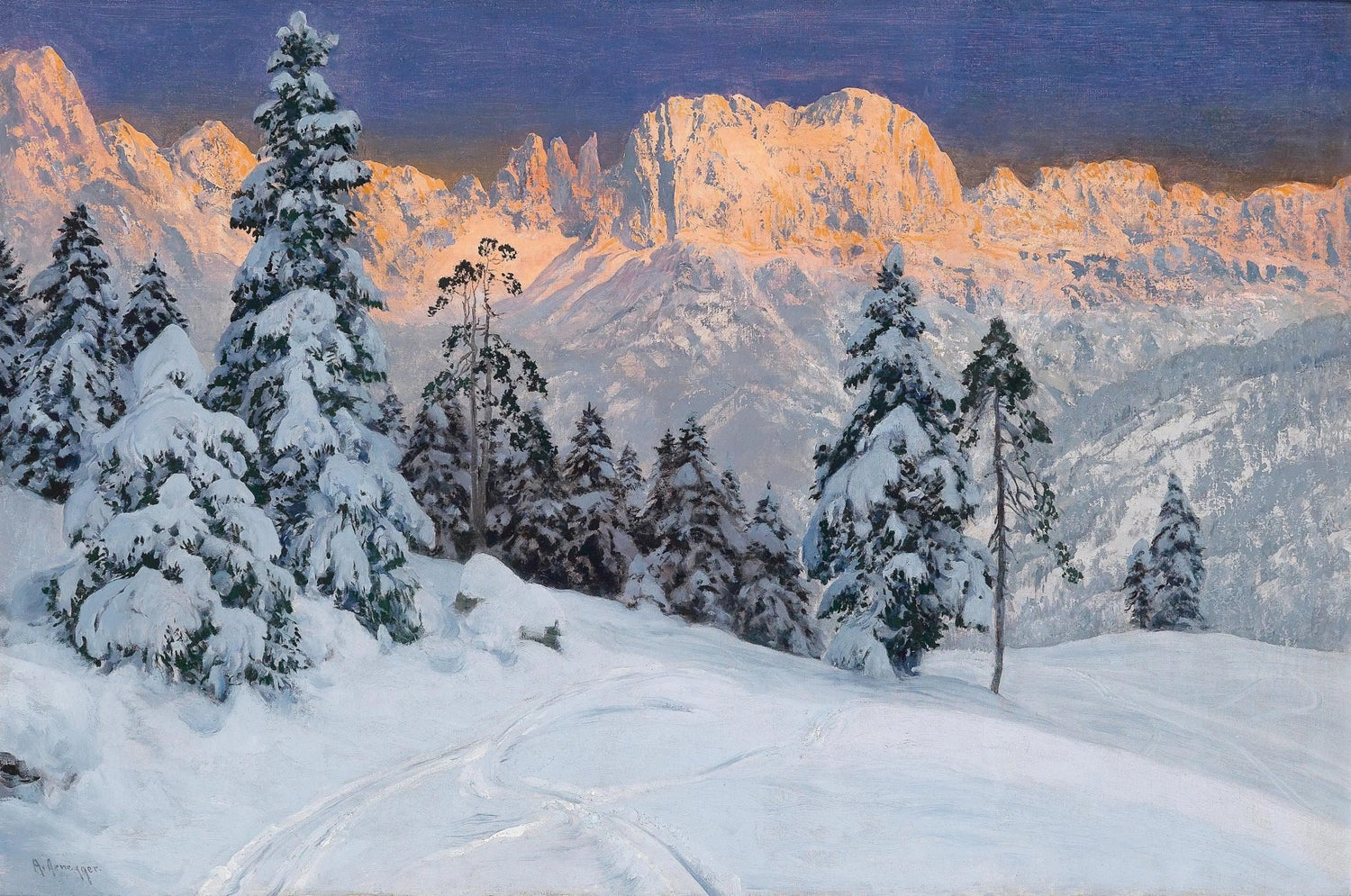 Hand painted landscape oil painting on canvas of snowy mountain pine trees with footprints and textured brushwork under a. - Add Frame, Canvas, Forest, Hand Painted, Landscape, Made To Order, Mountain, Oil Painting, Winter