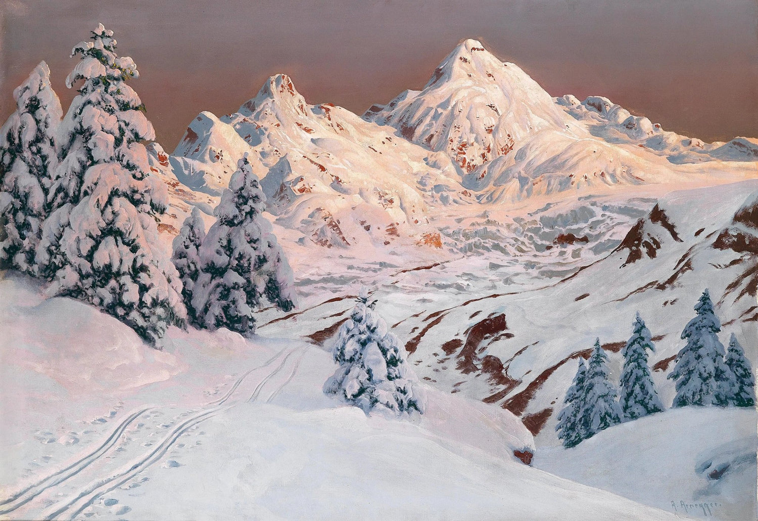 Hand painted landscape oil painting on canvas showing snowy mountain peaks under a soft pink sky with textured brushwork,. - Add Frame, Canvas, Forest, Hand Painted, Landscape, Made To Order, Mountain, Oil Painting, Winter