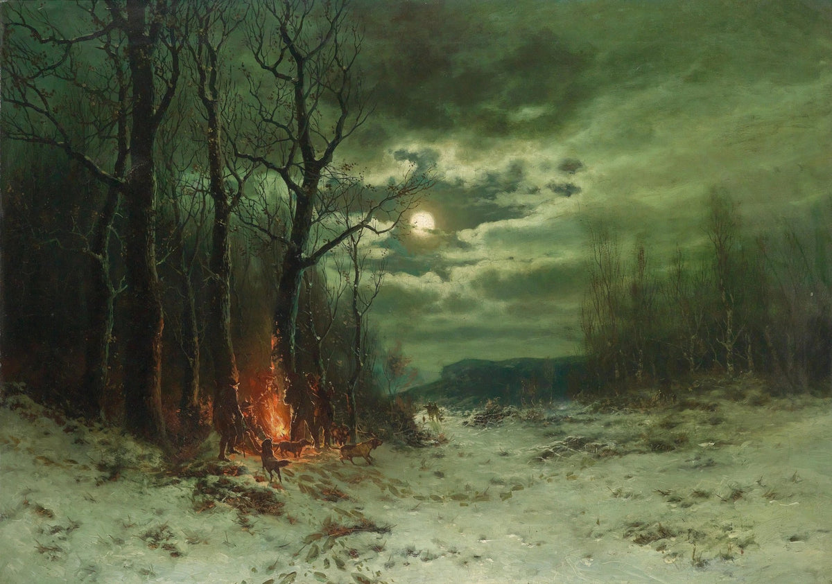 Landscape oil painting of a snowy forest at night with moonlight glowing through clouds, figures gathered around a campfire. - Add Frame, Canvas, Figure, Forest, Hand Painted, Landscape, Made To Order, Moonlight, Oil Painting