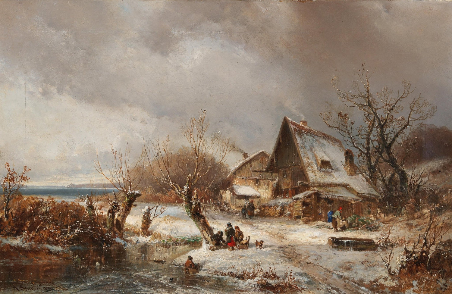 Hand-painted snowy riverside cottage winter scene landscape oil painting on canvas