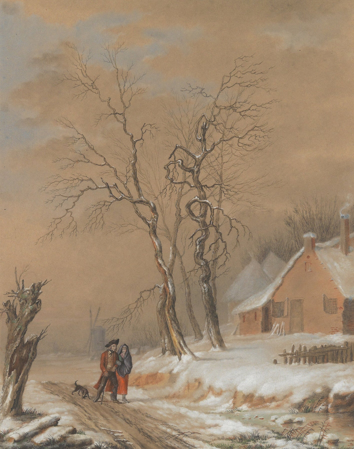 Hand-painted snowy road with bare trees and cottage landscape oil painting on canvas