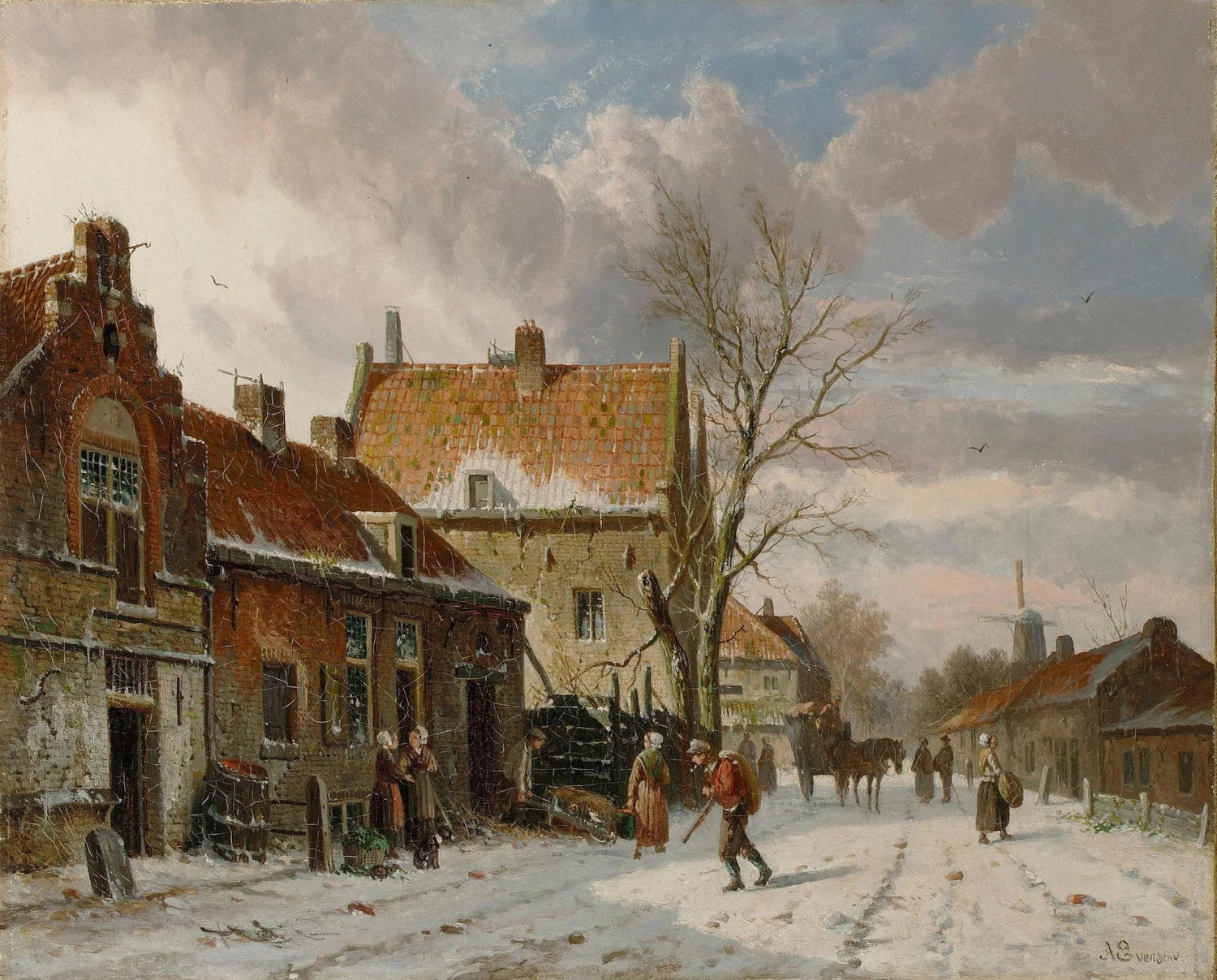 Landscape oil painting of a snowy village street with figures and historic buildings, textured brushwork on oil on canvas,. - Add Frame, Animal, Architecture, Canvas, Figure, Hand Painted, Landscape, Made To Order, Oil Painting, Village