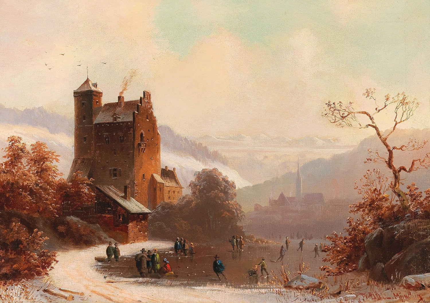 Hand-painted snowy tyrol castle with ice skaters landscape oil painting on canvas