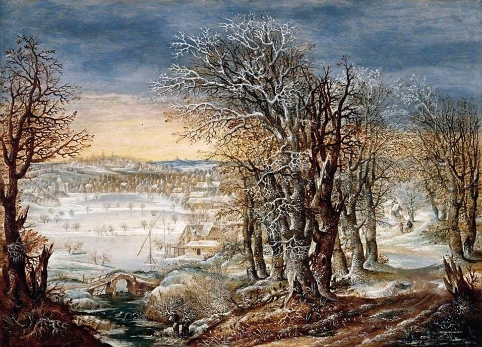 Hand-painted snowy village and frosted trees landscape oil painting on canvas