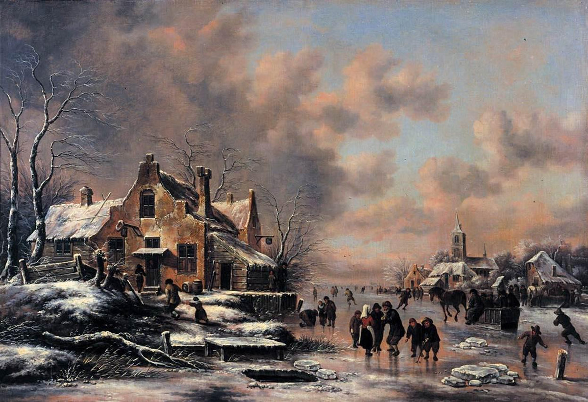 Hand-painted snowy village ice skating scene landscape oil painting on canvas