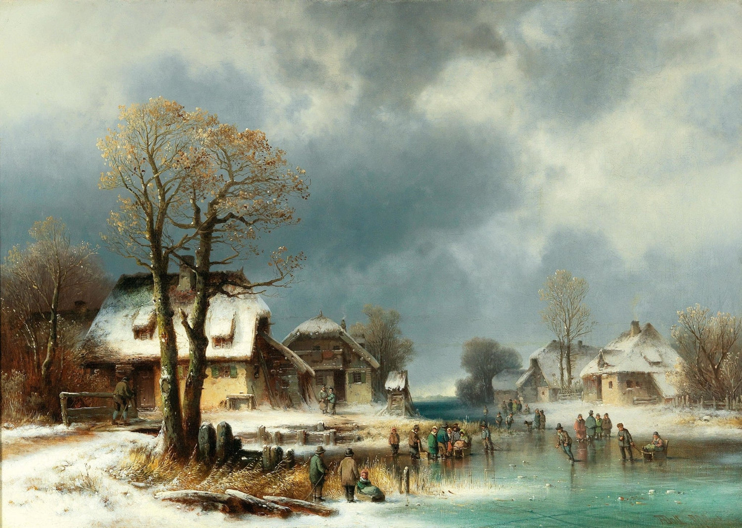 Hand-painted snowy village pond with winter skaters landscape oil painting on canvas