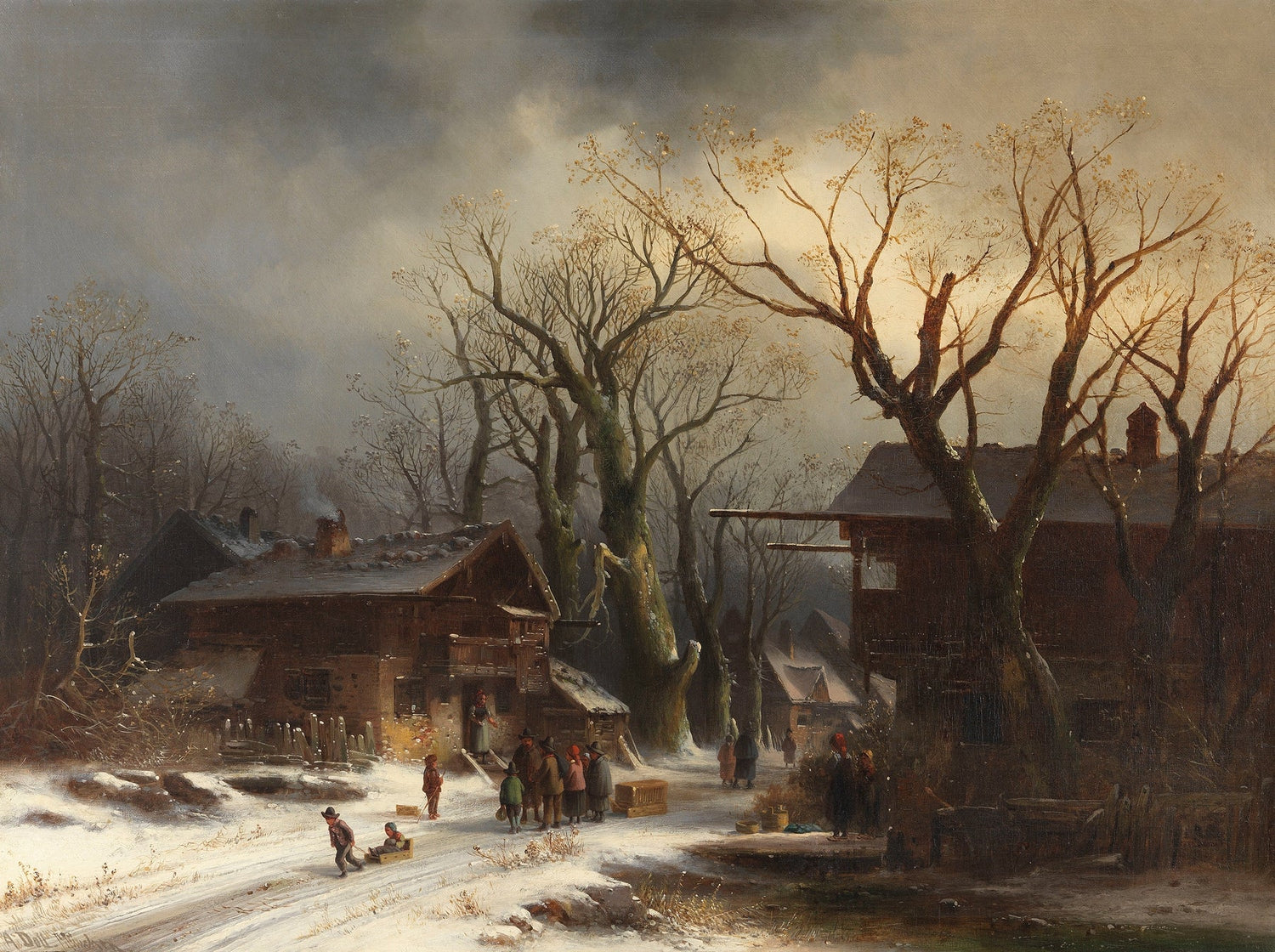 Hand-painted snowy village with bare winter trees landscape oil painting on canvas