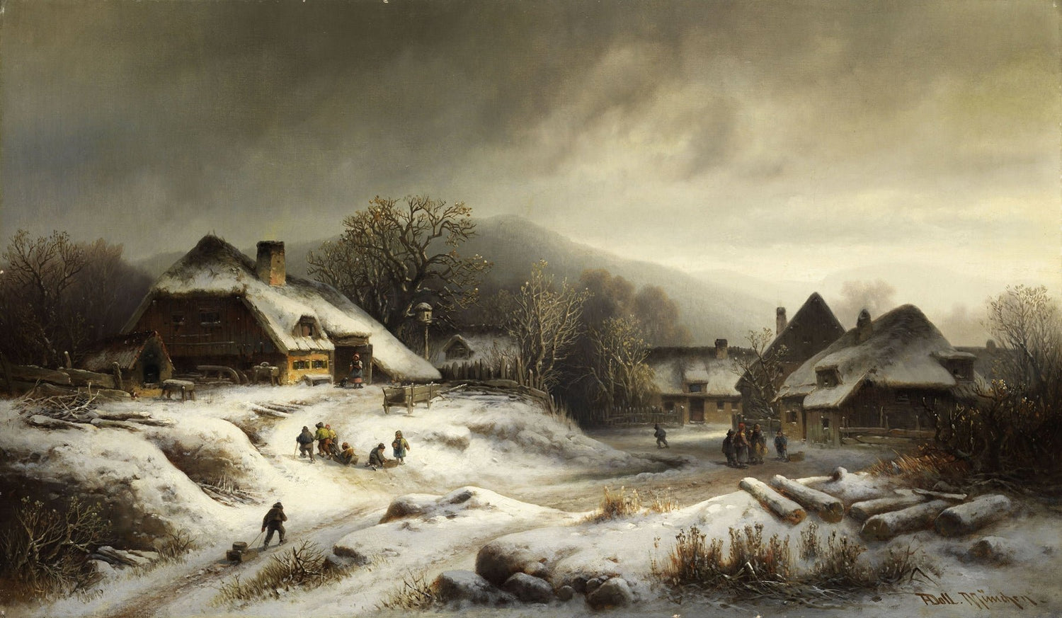 Hand-painted snowy village with children at play landscape oil painting on canvas