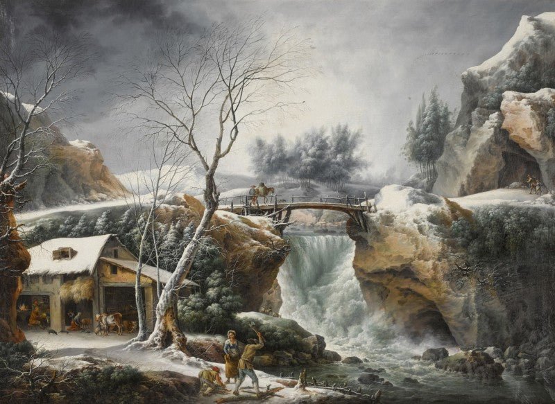 Hand-painted snowy waterfall, bridge and cottage landscape oil painting on canvas
