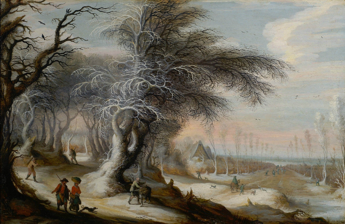 Hand-painted snowy winter village path with figures landscape oil painting on canvas