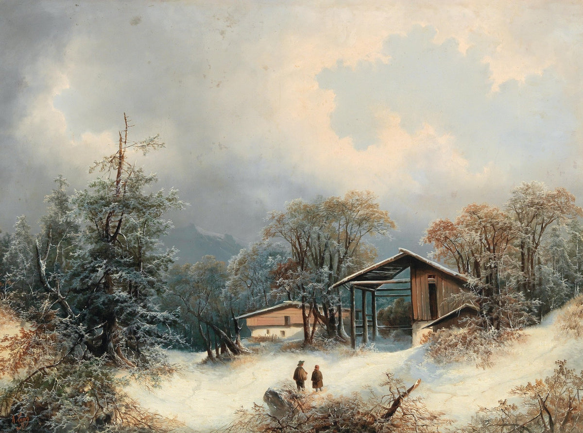 Hand-painted snowy woodland path with alpine cabin landscape oil painting on canvas