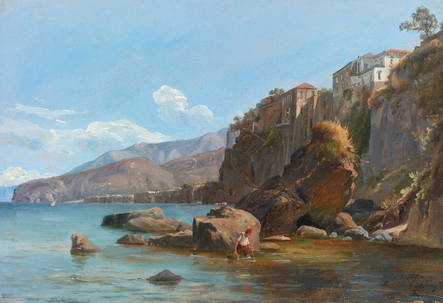 Hand-painted sorrento coast with clifftop village landscape oil painting on canvas