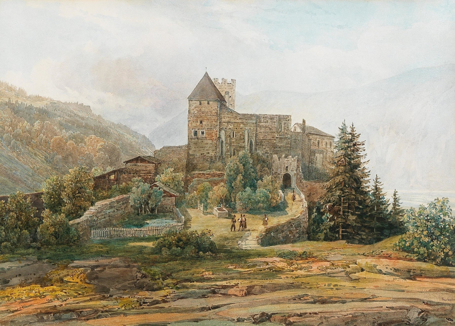 Hand-painted south tyrol castle and alpine valley landscape oil painting on canvas