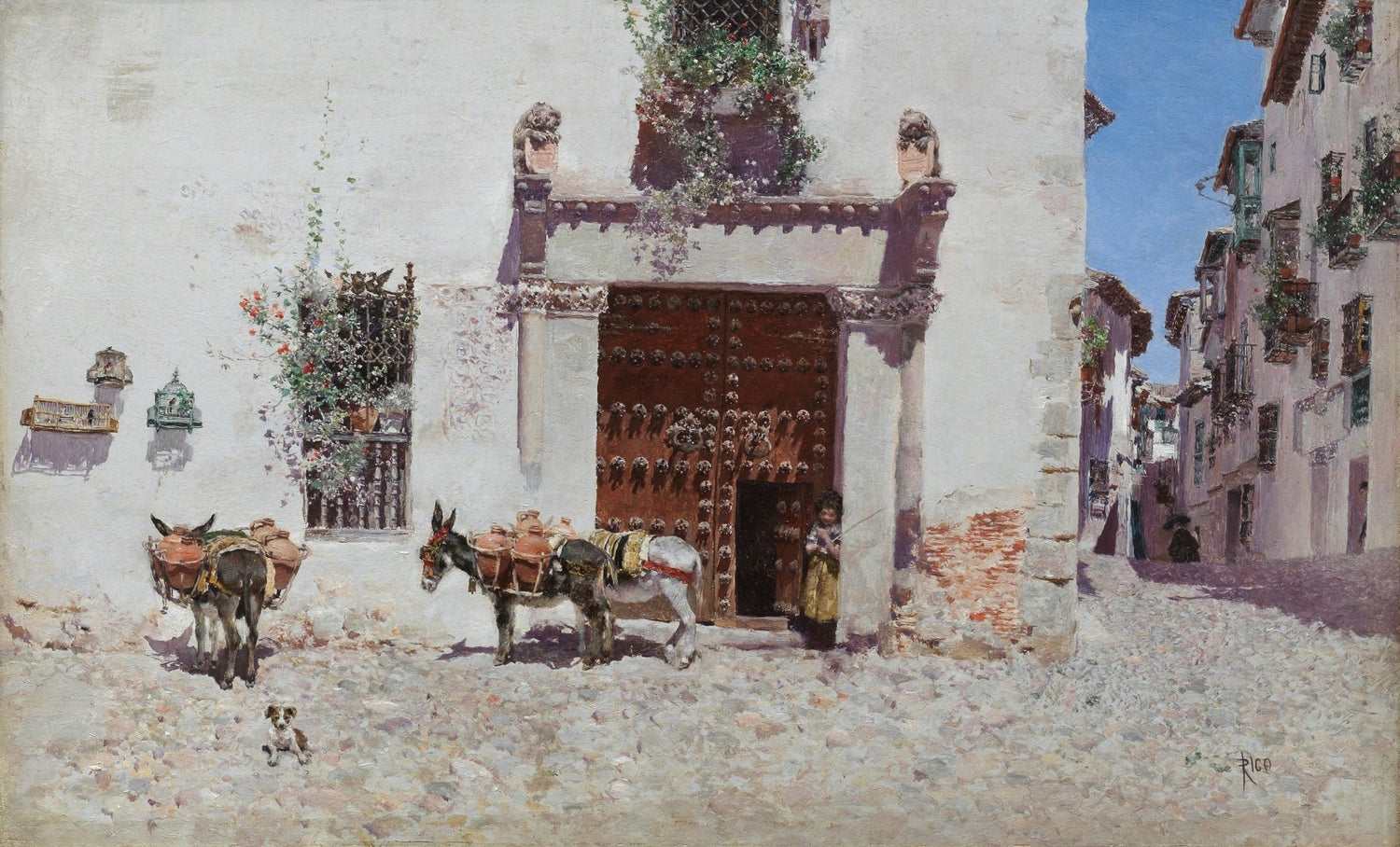 Hand-painted spanish courtyard with donkeys landscape oil painting on canvas