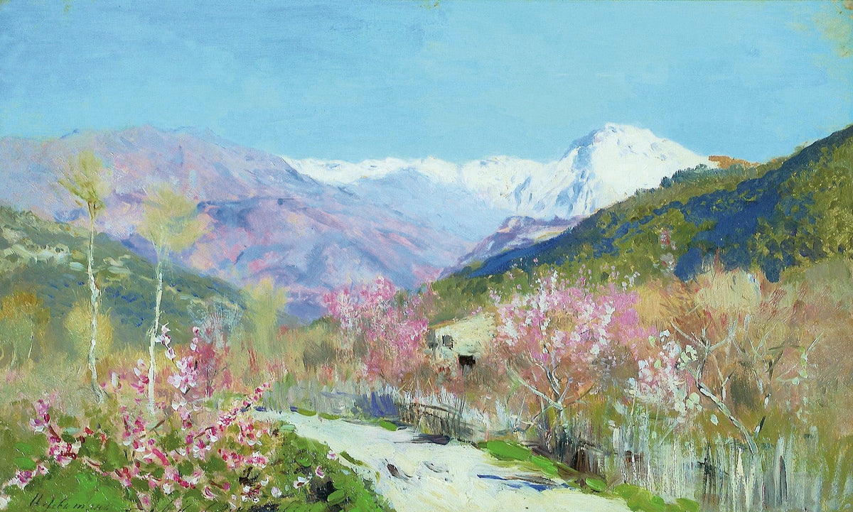 Hand painted landscape oil painting on canvas featuring spring blossom trees along a winding road with textured brushwork. - Add Frame, Canvas, Floral, Garden, Hand Painted, Landscape, Made To Order, Mountain, Oil Painting, Road