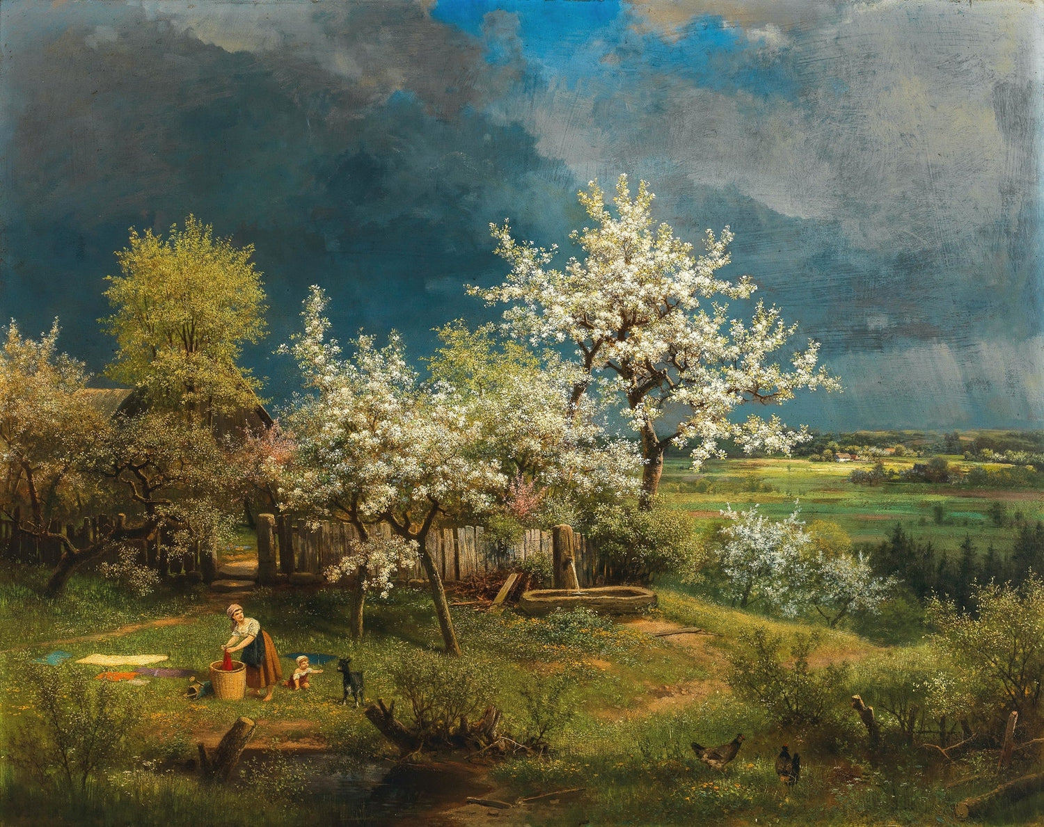Hand-painted spring blossom orchard and cottage view landscape oil painting on canvas