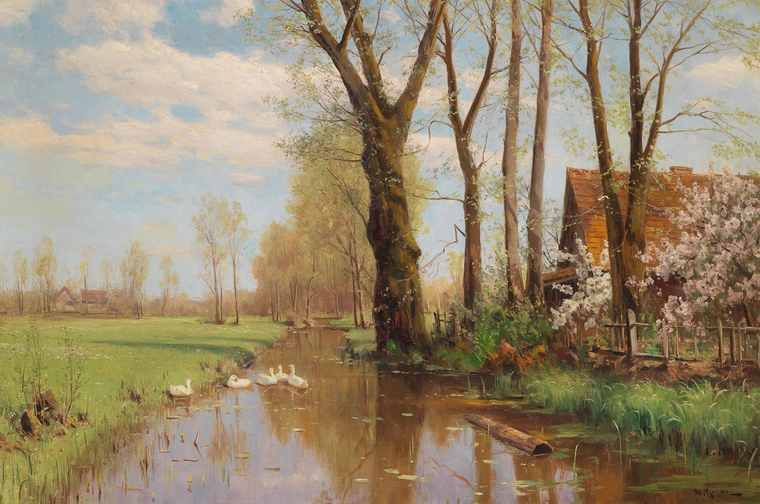 Landscape Oil Painting - Spring country canal & swans, cottage - Oil Painting Haven
