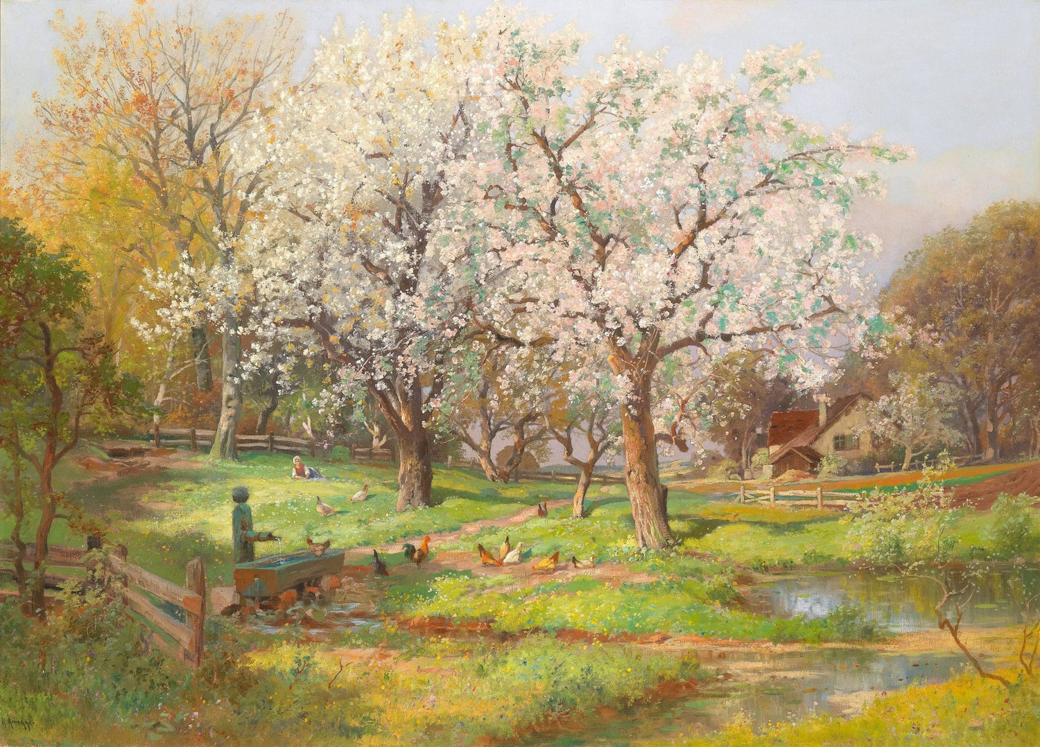 Hand painted landscape oil painting of spring farm blossoms with textured brushwork on canvas, featuring flowering trees,. - Add Frame, Canvas, Cottage, Country, Farm, Floral, Forest, Hand Painted, Landscape, Made To Order, Oil Painting