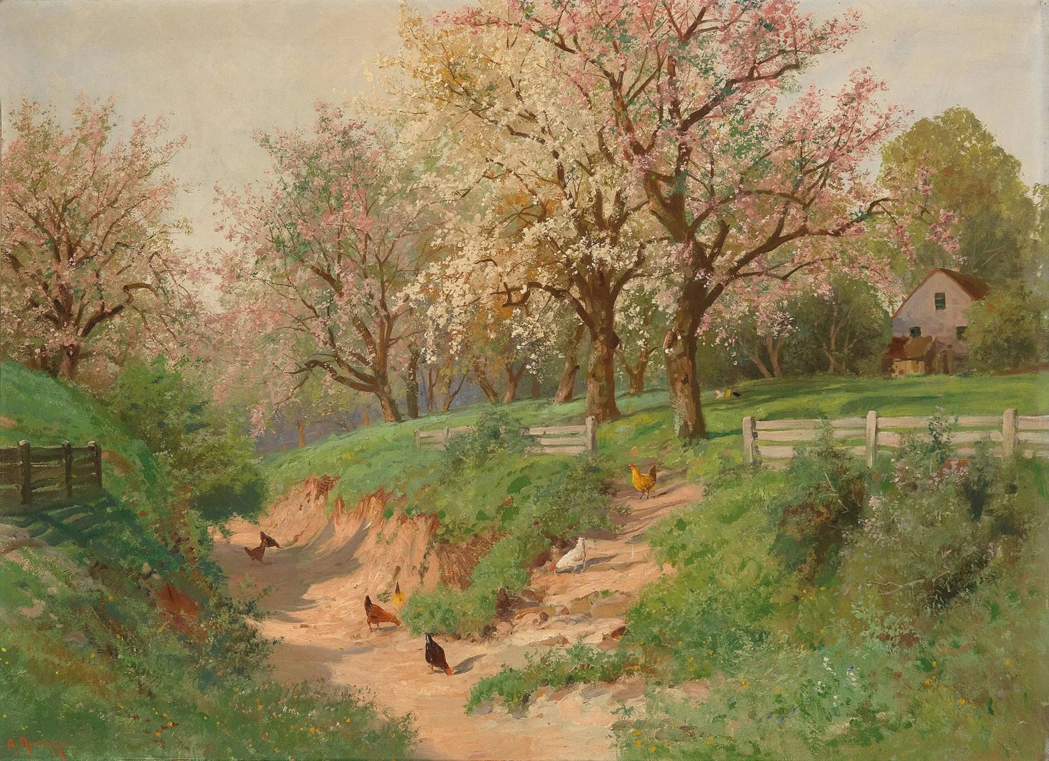 Landscape oil painting of a spring farm with blossoming trees, poultry on a dirt road, cottage in background, textured. - Add Frame, Canvas, Cottage, Country, Farm, Floral, Forest, Hand Painted, Landscape, Made To Order, Oil Painting, Road