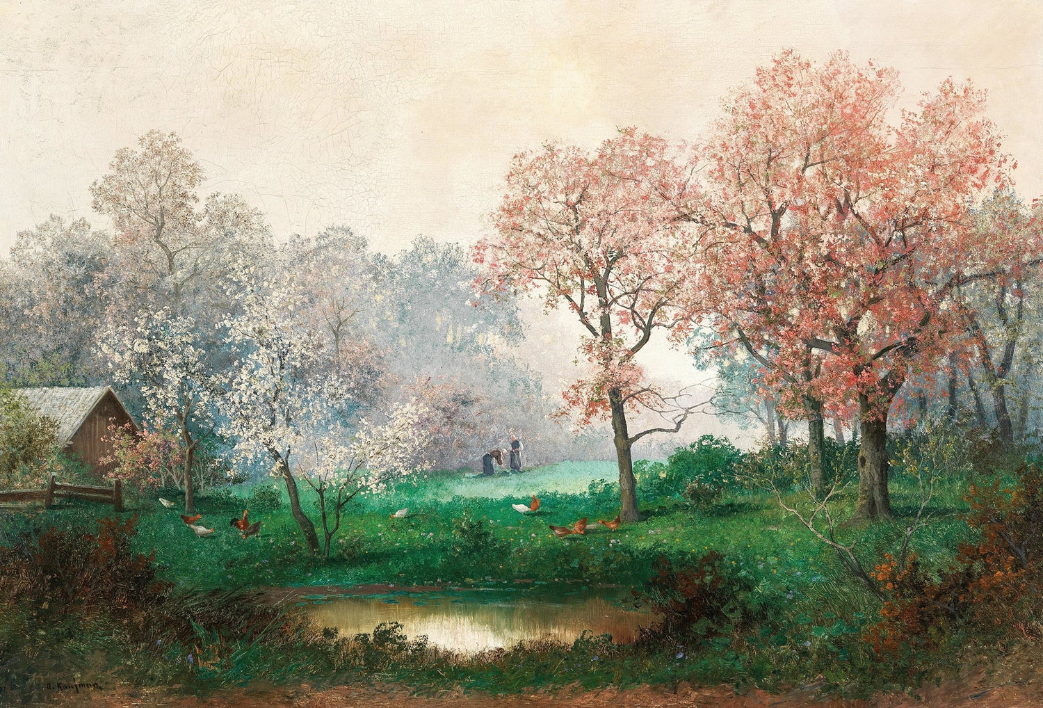 Hand-painted spring meadow with blooming trees landscape oil painting on canvas