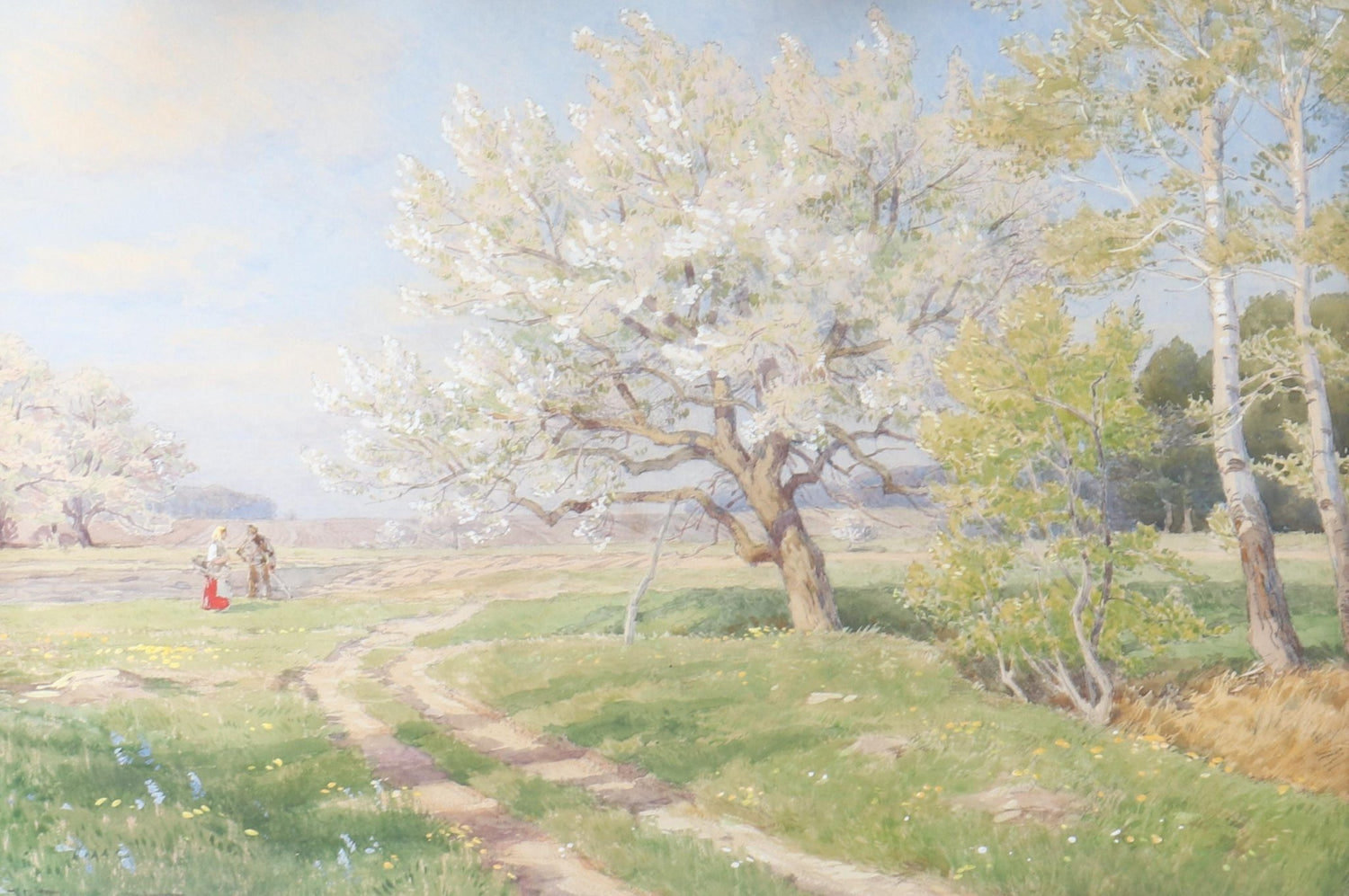 Hand-painted spring orchard path with farm couple landscape oil painting on canvas