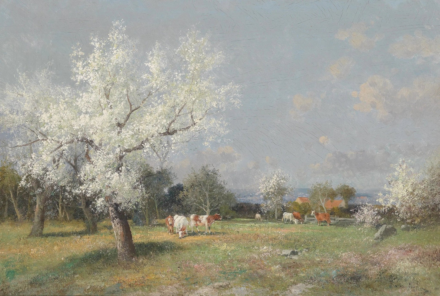 Landscape oil painting with blossoming white trees and grazing cows in a spring pasture, textured brushwork on oil on canvas. - Add Frame, Animal, Canvas, Cottage, Country, Forest, Hand Painted, Landscape, Made To Order, Oil Painting