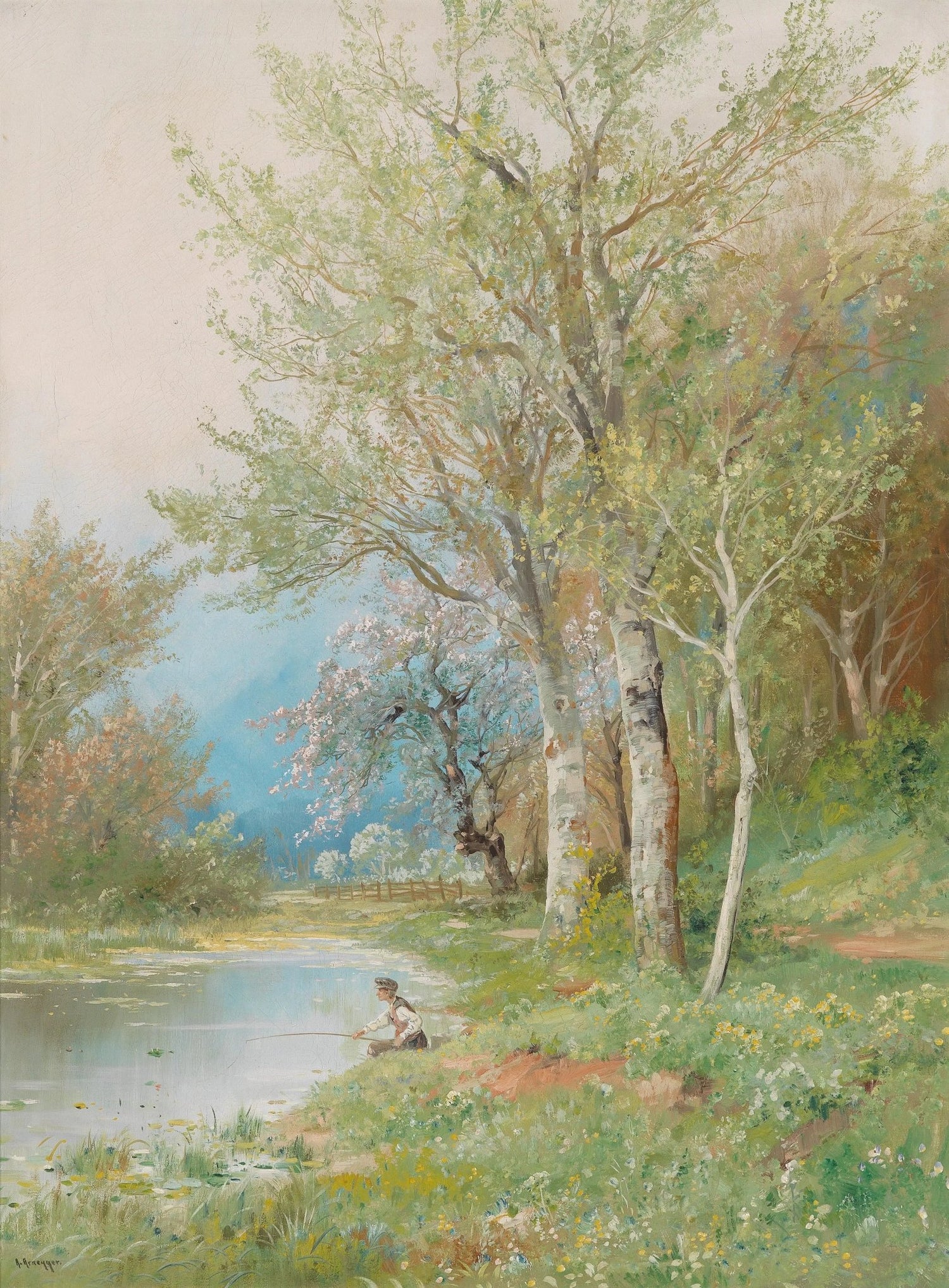 Hand painted landscape oil painting on canvas with textured brushwork showing a spring river, tall green trees, and a. - Add Frame, Canvas, Country, Floral, Forest, Hand Painted, Landscape, Made To Order, Oil Painting, River