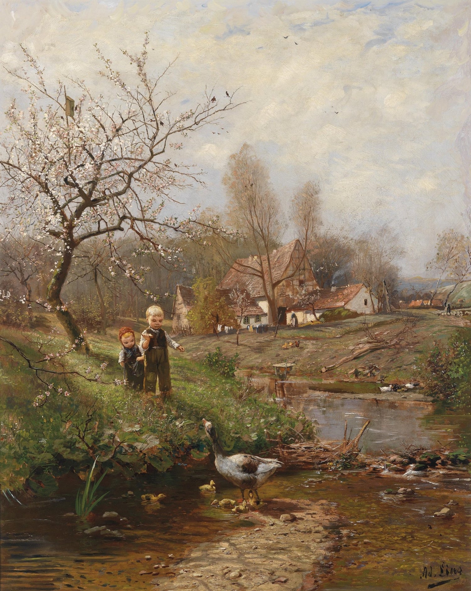 Landscape Oil Painting - Spring Rural Scene, Children, Goose & Stream - Oil Painting Haven