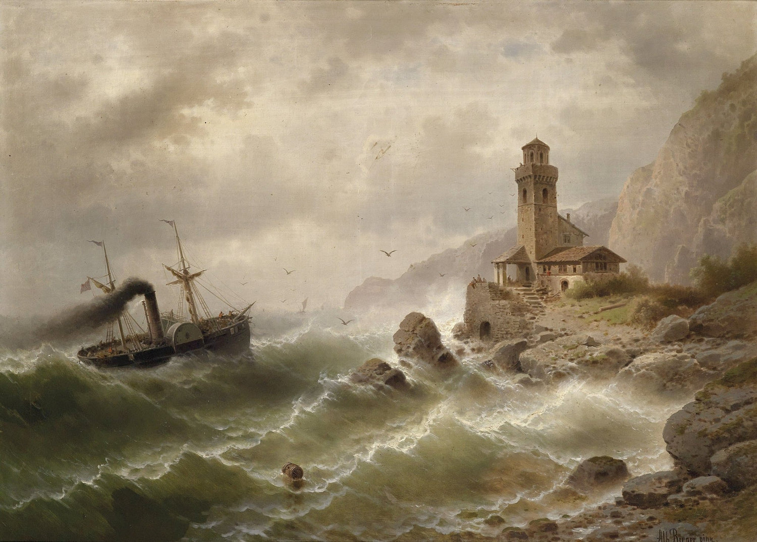 Landscape Oil Painting - Steamboat in Seas, Coastal Tower, Waves - Oil Painting Haven