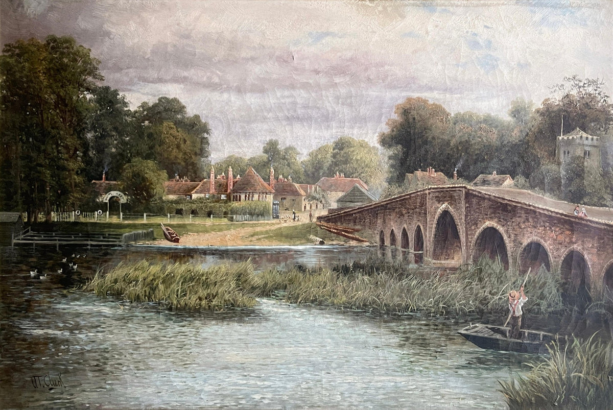 Hand-painted stone bridge and riverside village landscape oil painting on canvas