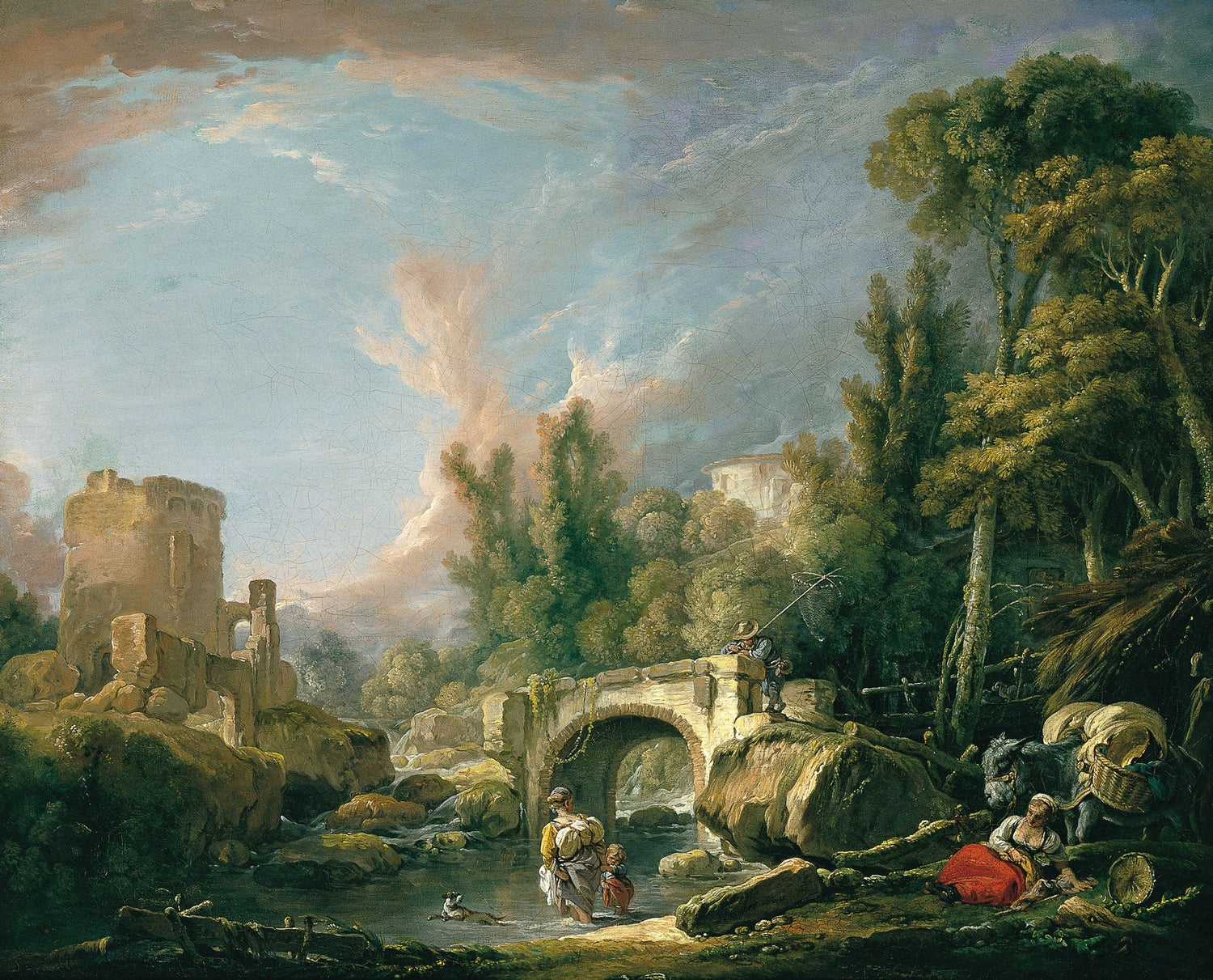 Hand painted oil on canvas landscape oil painting with textured brushwork depicting stone bridge, river, ruins, trees, and. - Add Frame, Architecture, Canvas, Country, Figure, Hand Painted, Landscape, Made To Order, Oil Painting, River
