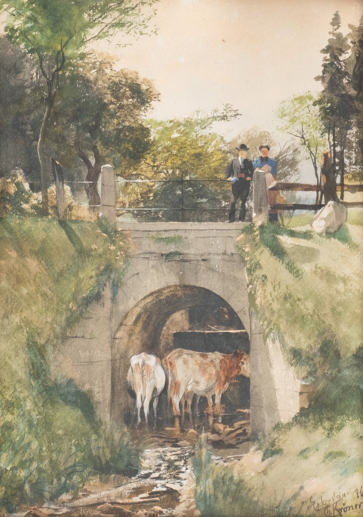 Hand-painted stone bridge, cattle and country stream landscape oil painting on canvas