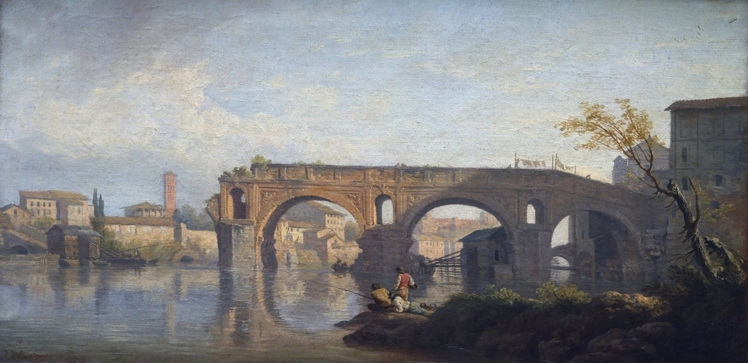 Hand-painted stone bridge over a quiet river landscape oil painting on canvas