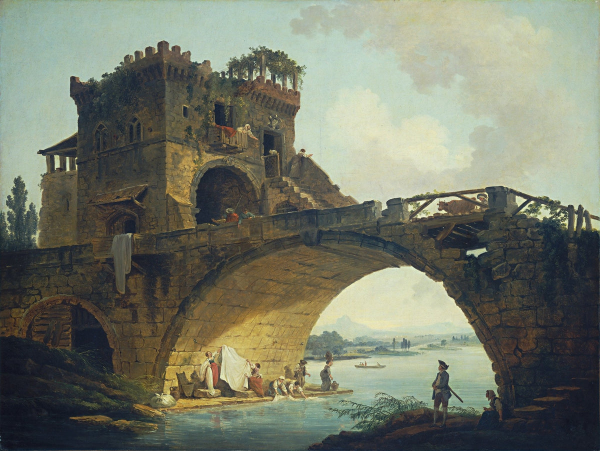 Landscape oil painting showing a stone bridge with textured brushwork, figures by the river, hand painted oil on canvas. - Add Frame, Architecture, Canvas, Figure, Hand Painted, Landscape, Made To Order, Oil Painting, River