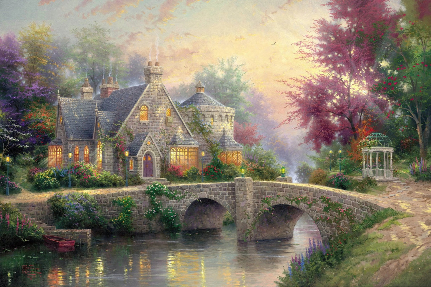 Landscape Oil Painting - Stone House with Bridge & River - Oil Painting Haven
