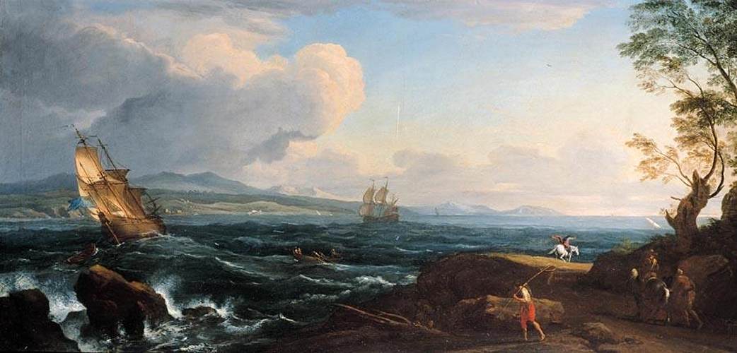 Hand-painted stormy coastal sea with sailing ships landscape oil painting on canvas