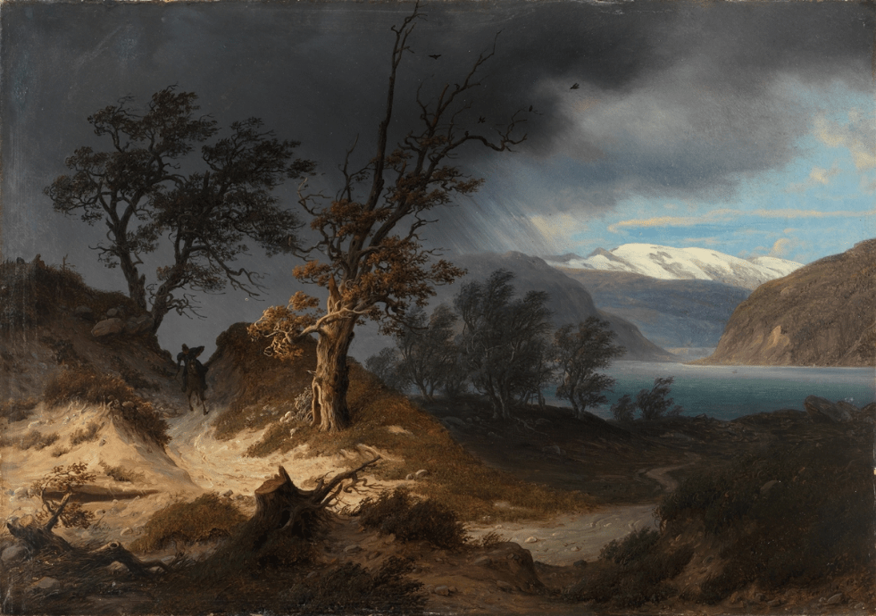 Hand-painted stormy fjord with bare trees and rider landscape oil painting on canvas
