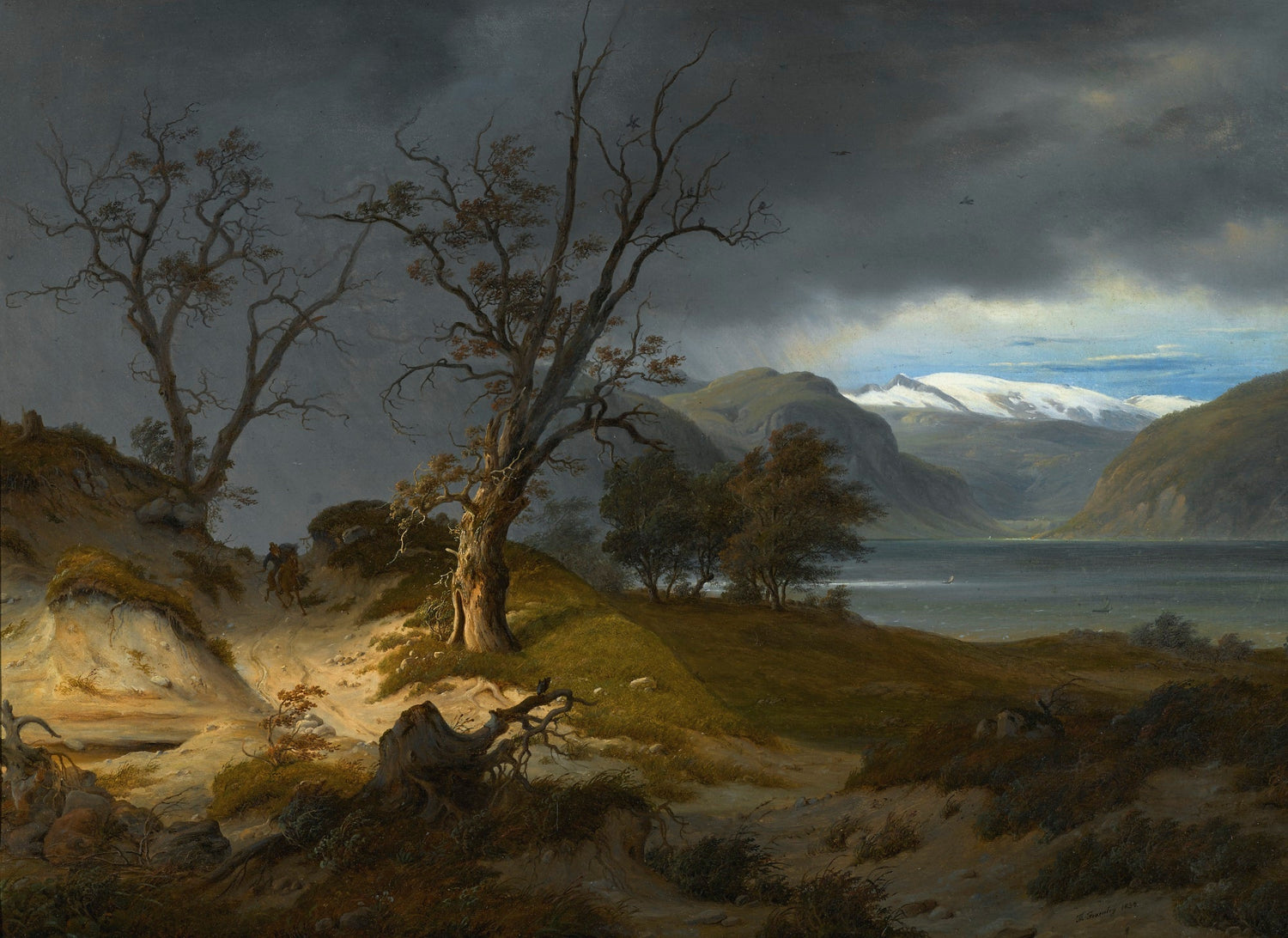 Hand-painted stormy fjord with rider and bare trees landscape oil painting on canvas