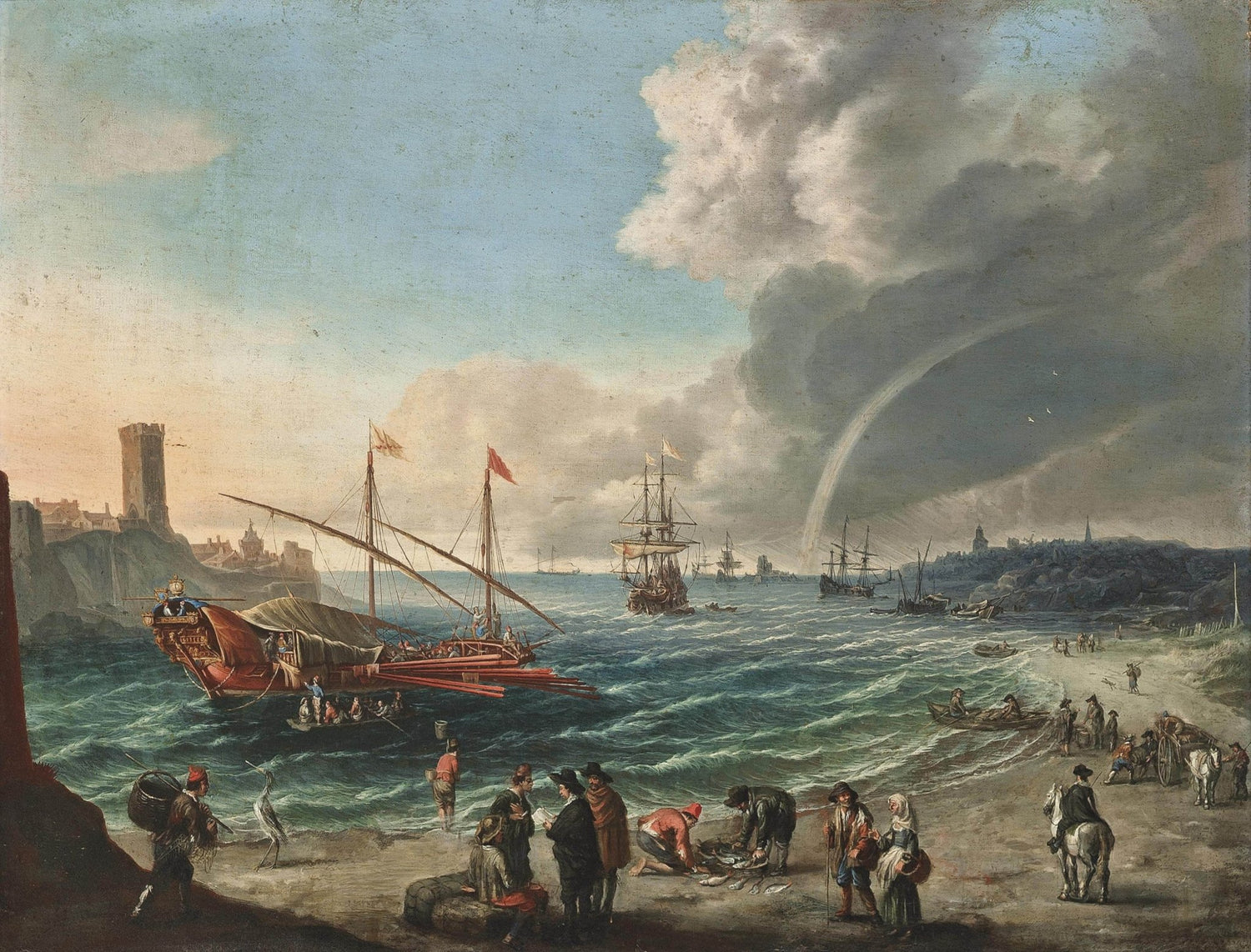 Hand-painted stormy harbor with ships and rainbow landscape oil painting on canvas