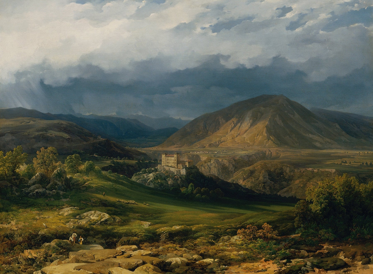 Hand-painted stormy mountain valley with castle view landscape oil painting on canvas