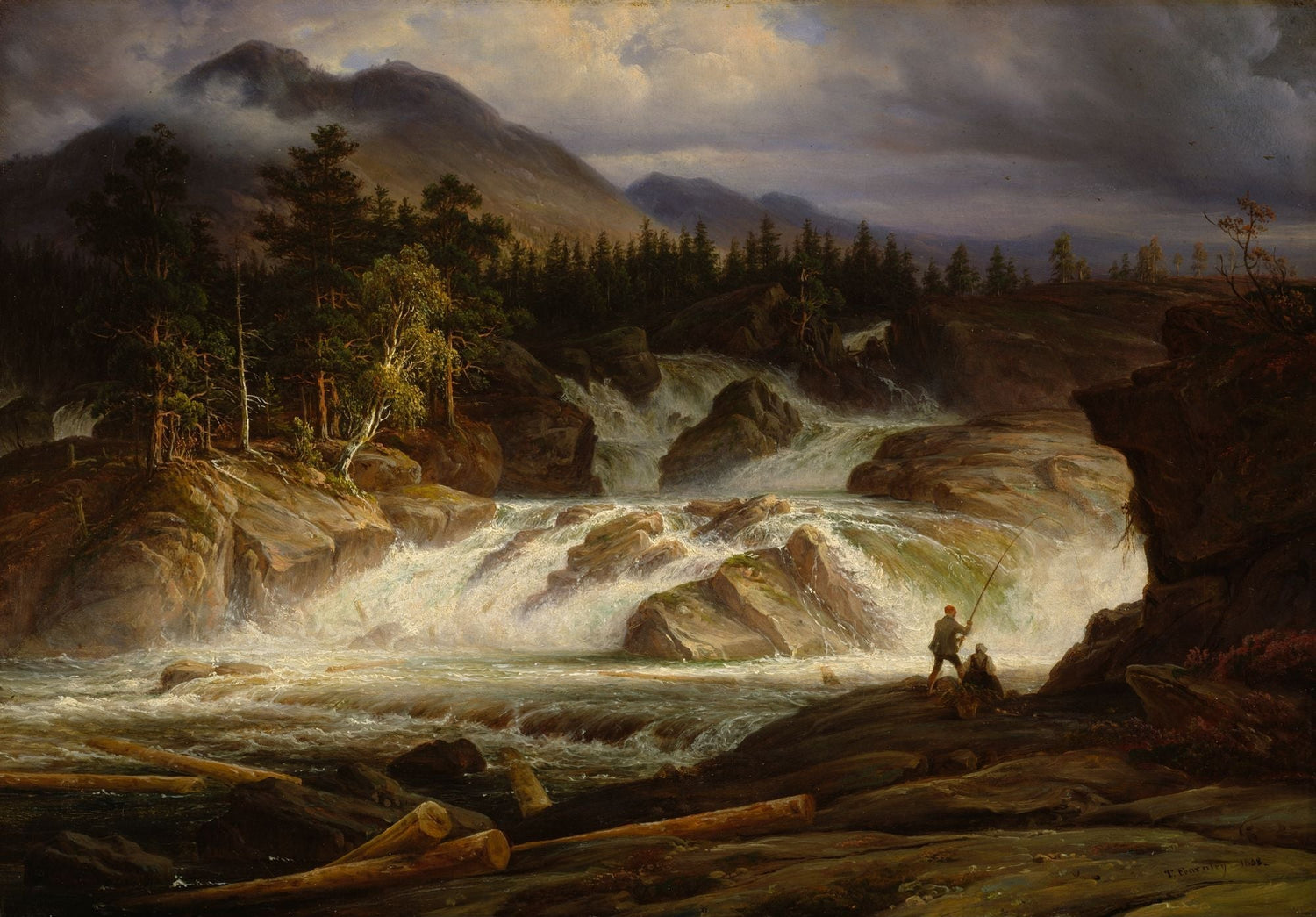 Hand-painted stormy mountain waterfall with fishermen landscape oil painting on canvas