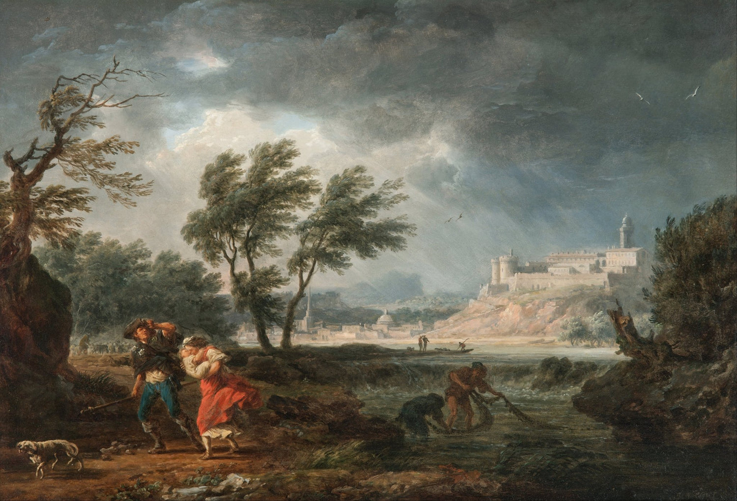 Hand-painted stormy river scene with fortress view landscape oil painting on canvas