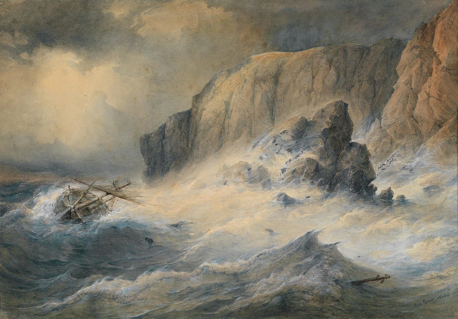 Landscape Oil Painting - Stormy Seas, Cliffs & Stranded Ship - Oil Painting Haven